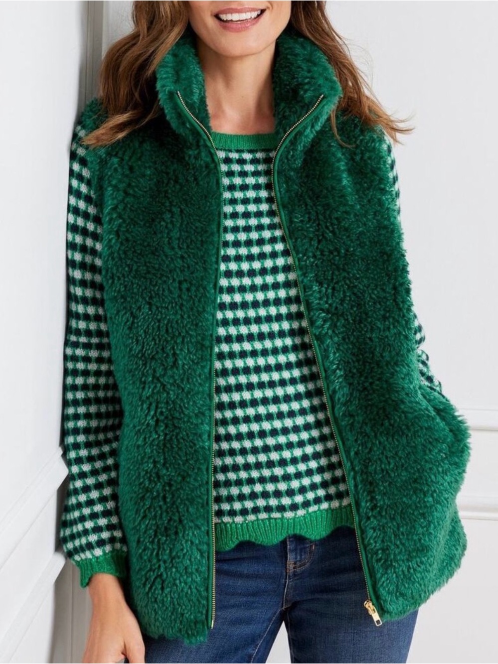 Talbots faux fur vest Fluffy teddy alpine forest green Sherpa L cozy warm soft